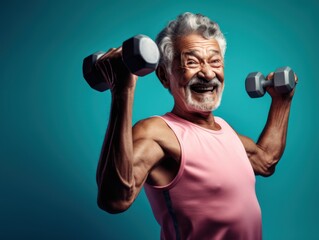 Modern Aging. An energetic image of a smiling elderly gentleman in athletic attire doing stretching exercises on a bright gradient background. Generative AI - obrazy, fototapety, plakaty