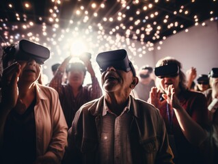 Modern Aging. Candid shot of a group of senior citizens using VR headsets to experience a virtual world. Generative AI - obrazy, fototapety, plakaty