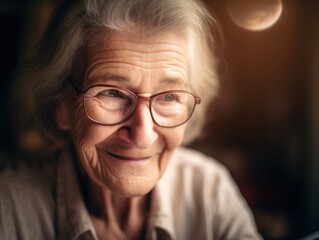 Fototapeta na wymiar Modern Aging. Close - up portrait of an elderly woman smiling as she uses a tablet computer to video chat with her family. Generative AI