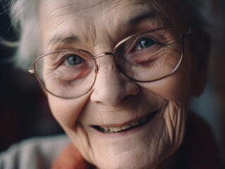 Modern Aging. Close - up portrait of an elderly woman smiling as she uses a tablet computer to video chat with her family. Generative AI