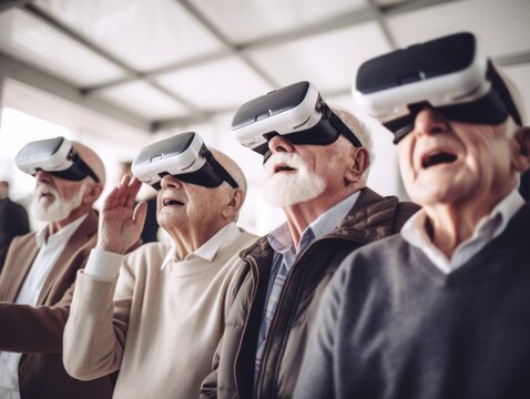 Modern Aging. Candid shot of a group of senior citizens using VR headsets to experience a virtual world. Generative AI
