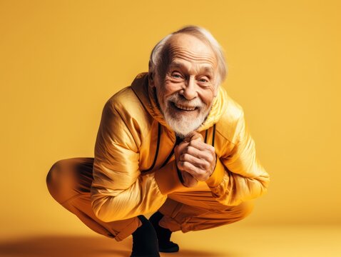 Modern Aging. An energetic image of a smiling elderly gentleman in athletic attire doing stretching exercises on a bright gradient background. Generative AI