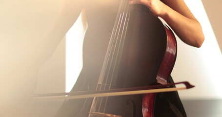 Single woman playing the cello, close-up and medium close-up, cello bow and strings, smooth...