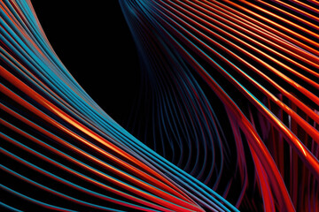 Abstract image of line and curves with blue, orange and red colors. Generative AI