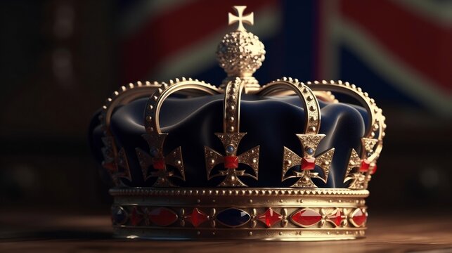 A British royal crown on the background of the flag of the United Kingdom of Great Britain and Northern Ireland. Generative AI