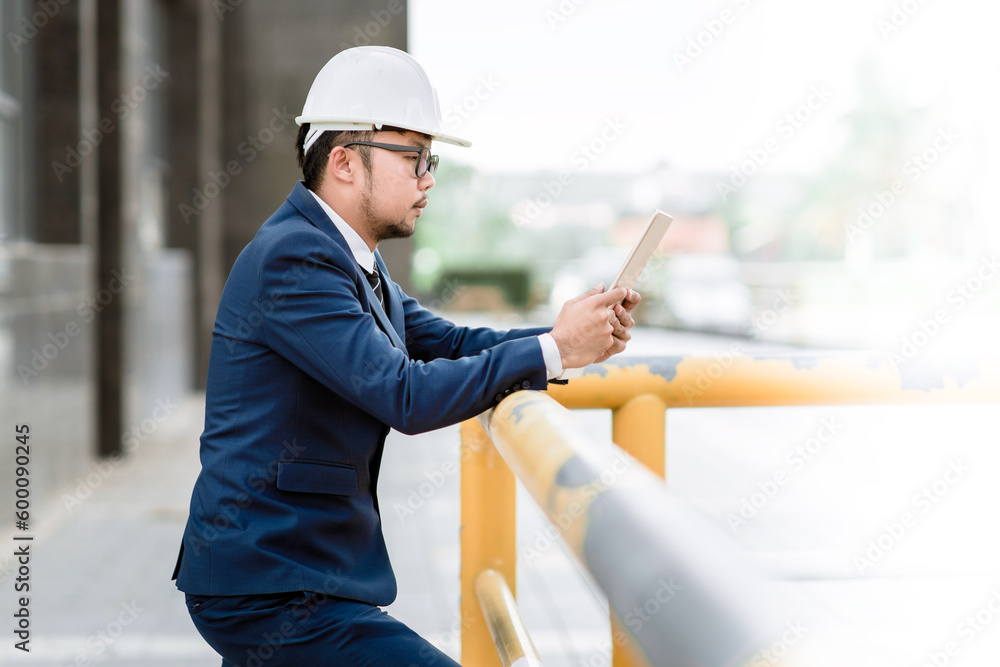 Poster project manager standing at construction building site with ipad for checking work construction to s