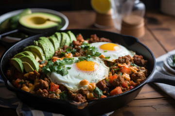 Bison and chorizo breakfast skillet. Generative AI