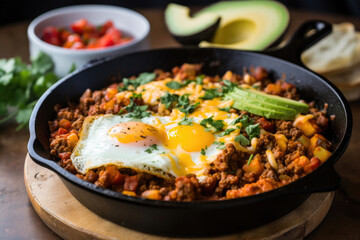 Fototapeta premium Bison and chorizo breakfast skillet. Generative AI