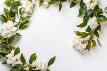 Fototapeta na wymiar Frame of white flowers and green leaves. Generative AI