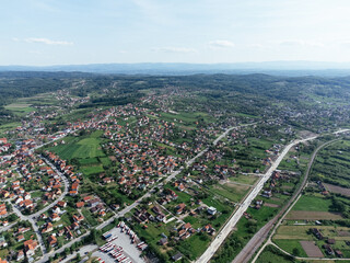 Lazarevac, Kolubara district of Serbia. Drone view of the city on a sunny day