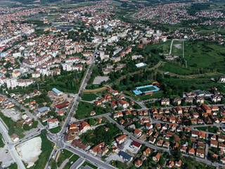 Obraz premium Lazarevac, Kolubara district of Serbia. Drone view of the city on a sunny day