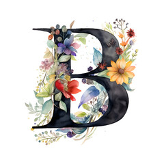 Floral Watercolor Letter B Creative Typography Design, Isolated on white