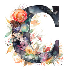 Letter C is surrounded by a vibrant splash of watercolor flowers and foliage, combining typography with the beauty of nature