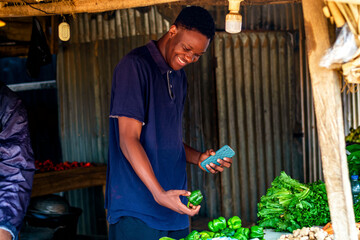 African man holding a green fresh green tomatoes in a local market