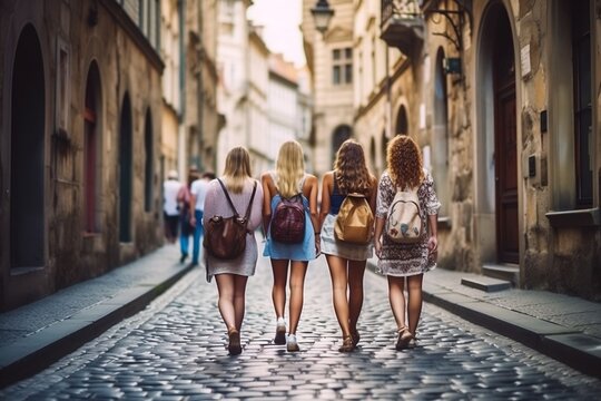 Students walk around old city in Europe. Tourist trip on vacation. Generative AI