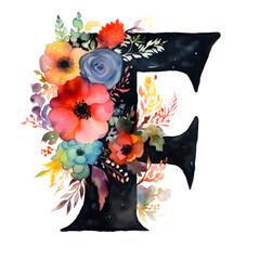 Letter F is surrounded by a vibrant splash of watercolor flowers and foliage, combining typography with the beauty of nature