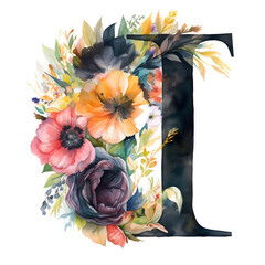 Letter I is surrounded by a vibrant splash of watercolor flowers and foliage, combining typography with the beauty of nature