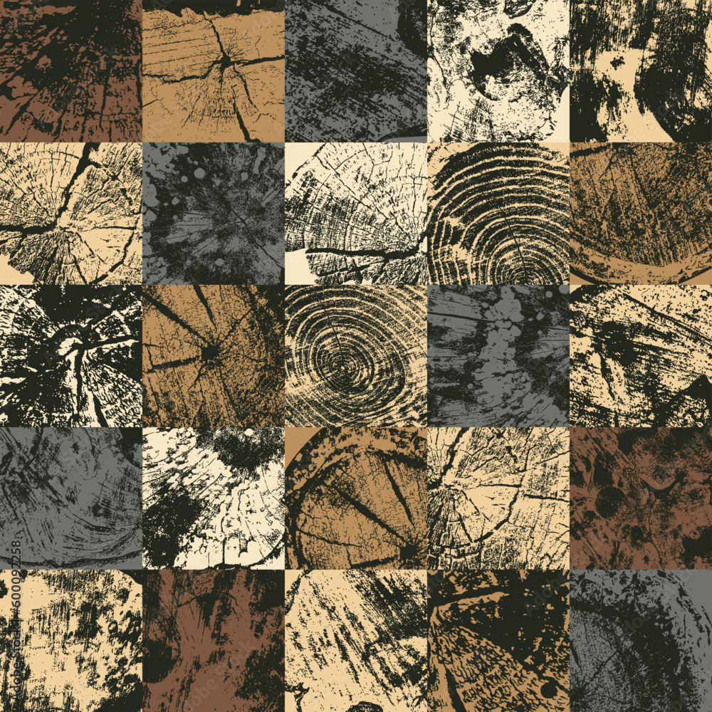 Poster abstract seamless pattern consisting of square elements of wood saw cuts and cross-sections of tree 