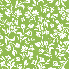 Seamless floral pattern with flowers. Vector green and white floral background
