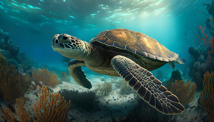 sea turtle swimming in water close-up