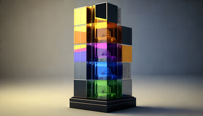 material design tower built with blocks, on blocks labels of web technologies