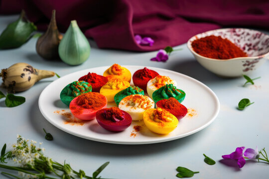 Deviled eggs, colorful, paprika dusting, arranged on a white ceramic plate. Generative AI