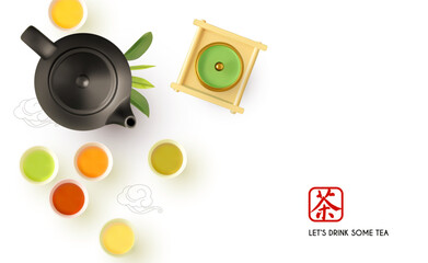 3D teapot and tea cups with tray on white background. Top view. Chinese tea ceremony.