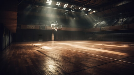 Empty Basketball Court - Darkness with Sunlight Through Windows - Generative AI - obrazy, fototapety, plakaty