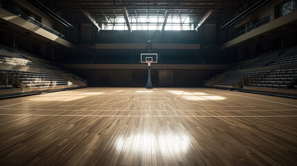 Empty Basketball Court - Darkness with Sunlight Through Windows - Generative AI - obrazy, fototapety, plakaty