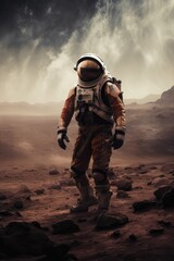 Astronaut hiking in the mountains on a new planet, generative ai