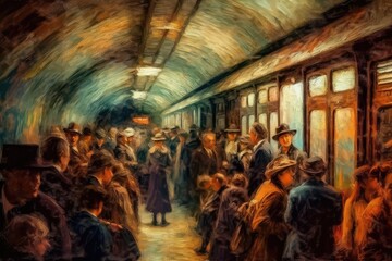 People in crowded subway, illustration paint created with generative AI technology