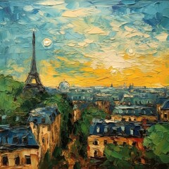 Painting of Paris city, Eiffel tower, blue an yellow sky