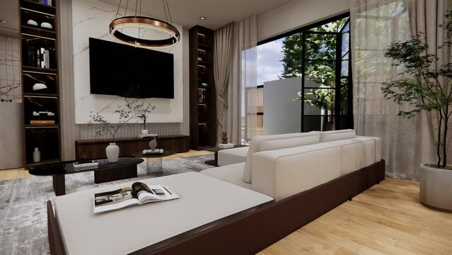 Interior of a modern living room in a house 3D animation.	
