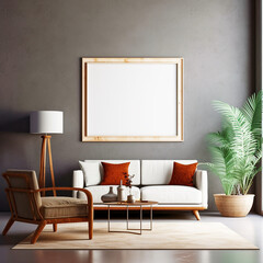 Illustration made with AI, background  interior design , with a blank frame , plants and modern furniture .beautiful light inside the room, very realistic