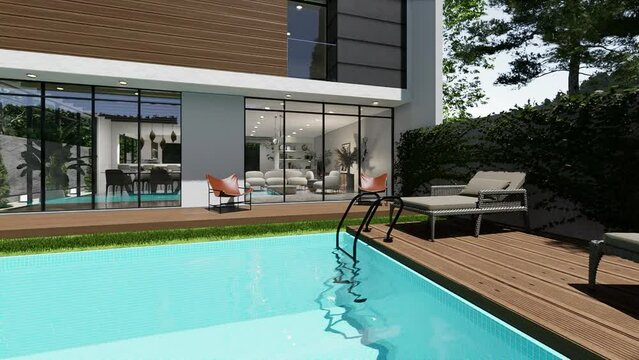 Modern house with swimming pool and garden. Architectural 3D animation.