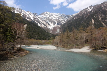 The clear Azusa River and snow-capped Mount Hotaka viewed from Kappa-bashi in Kamikochi, Japan