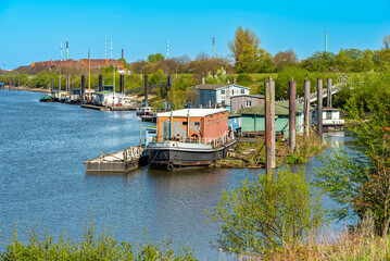 House boats in the Port of Hamburg, the Spreehafen in the south of the city. The harbor was...