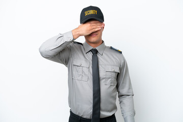 Young caucasian security man isolated on white background covering eyes by hands. Do not want to see something