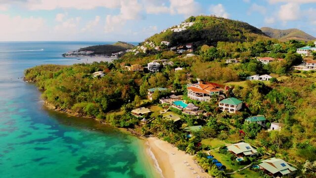 Saint Lucia Castries from above with luxury hotels, St Lucia tropical Island with the blue turqouse colored ocean. 