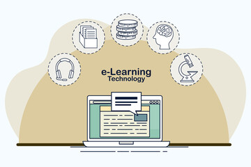 Education concept flat design with laptop and subjects in thin line style

