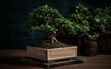 Bonsai tree on black background. Generative AI technology.