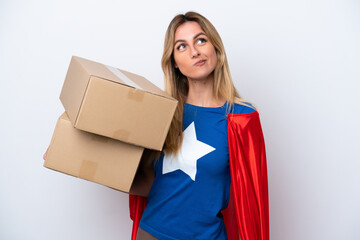 Super Hero delivery woman isolated on white background and looking up