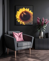 A living room blends dark tones with a comfortable pink armchair and a large wall art piece of sunflowers, complemented by fresh flowers in a vase