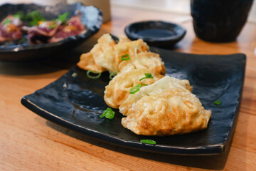 A plate of pan fried of Japanese dumpling with dark soy sauce on table. It’s a it’s a traditional Japan dish which is juicy on the inside, a golden brown and crispy base outside 
