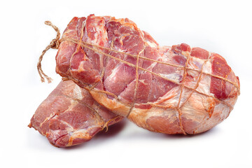 Raw smoked bacon whole piece isolated on white background