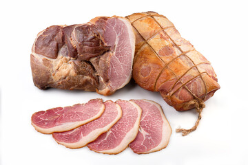 Smoked pork ham with slices, close-up, isolated on white background. Meatworks boiled ham