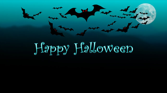 A flock of bats fly from the mountain at night and there was a full moon. Happy Halloween concept.