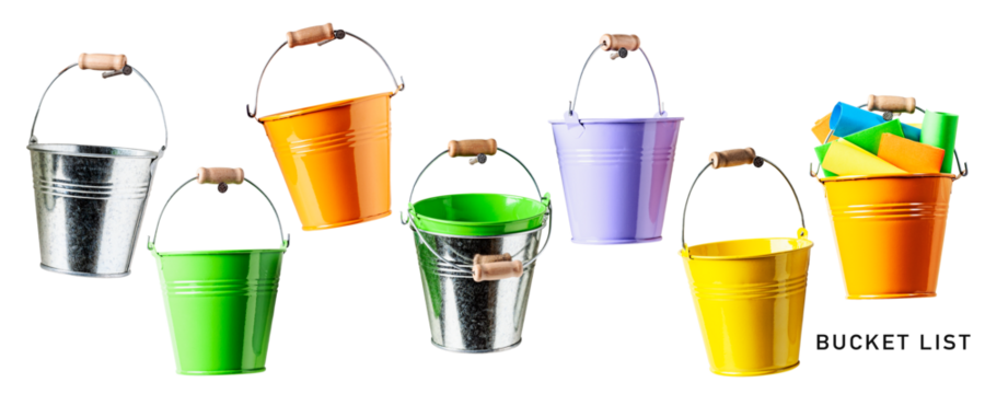 Colorful buckets set. Bucket list concept. PNG with transparent background. Flat lay. Without shadow.