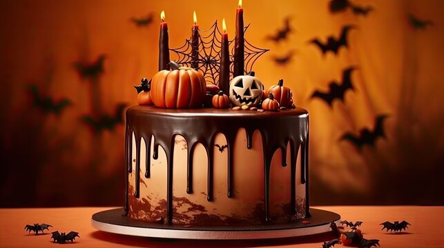 Halloween Torte verziert mit K&uuml;rbissen, Spinnennetzen und Kerzen vor orange farbigen, verschwommen Hintergrund mit Flederm&auml;usen, Generative AI