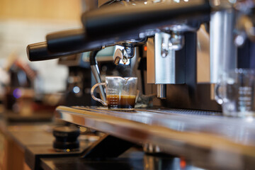 coffee machine,Coffee machine in steam, barista preparing coffee at cafe.